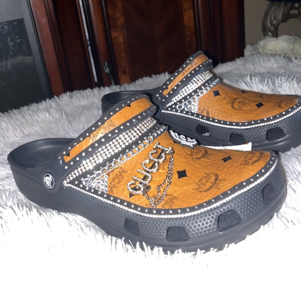 MCM inspired blinged crocs